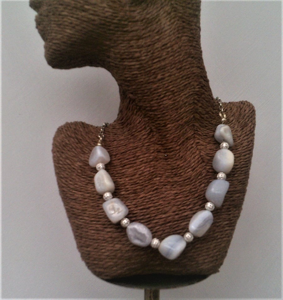 Pale Blue Agate Chunky Necklace, Blue Lace Agate Jewellery for Women