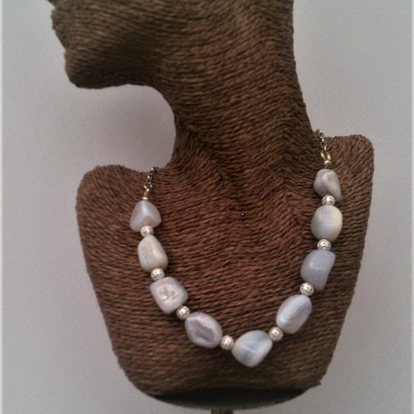 Pale Blue Agate Chunky Necklace, Blue Lace Agate Jewellery for Women