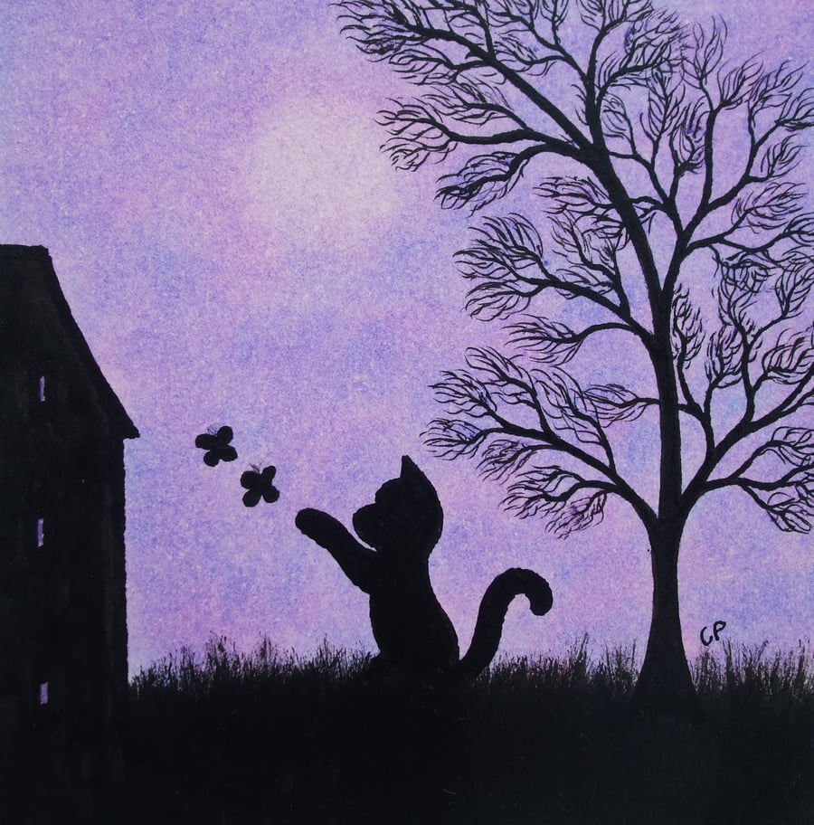 Cat Card: Cat Butterflies Card, Cat Art Card, Kitten Card, Kids Card, Black Cat