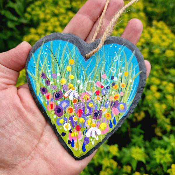 Hand-painted Floral Slate Heart hanger by Jackie Reynolds