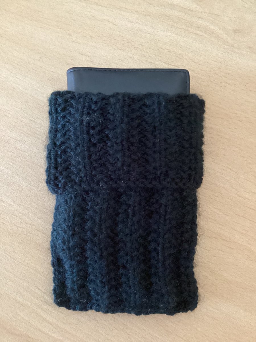 MOBILE PHONE SLEEVE 8x3.5" or 20x9cm HAND KNITTED IN BLACK YARN