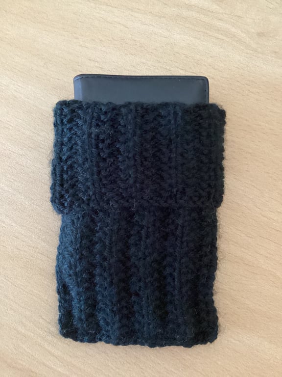 MOBILE PHONE SLEEVE 8x3.5" or 20x9cm HAND KNITTED IN BLACK YARN