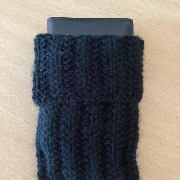 MOBILE PHONE SLEEVE 8x3.5" or 20x9cm HAND KNITTED IN BLACK YARN