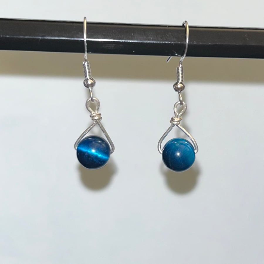 Minimalist Sterling Silver Tiger’s Eye Blue Bead Earrings