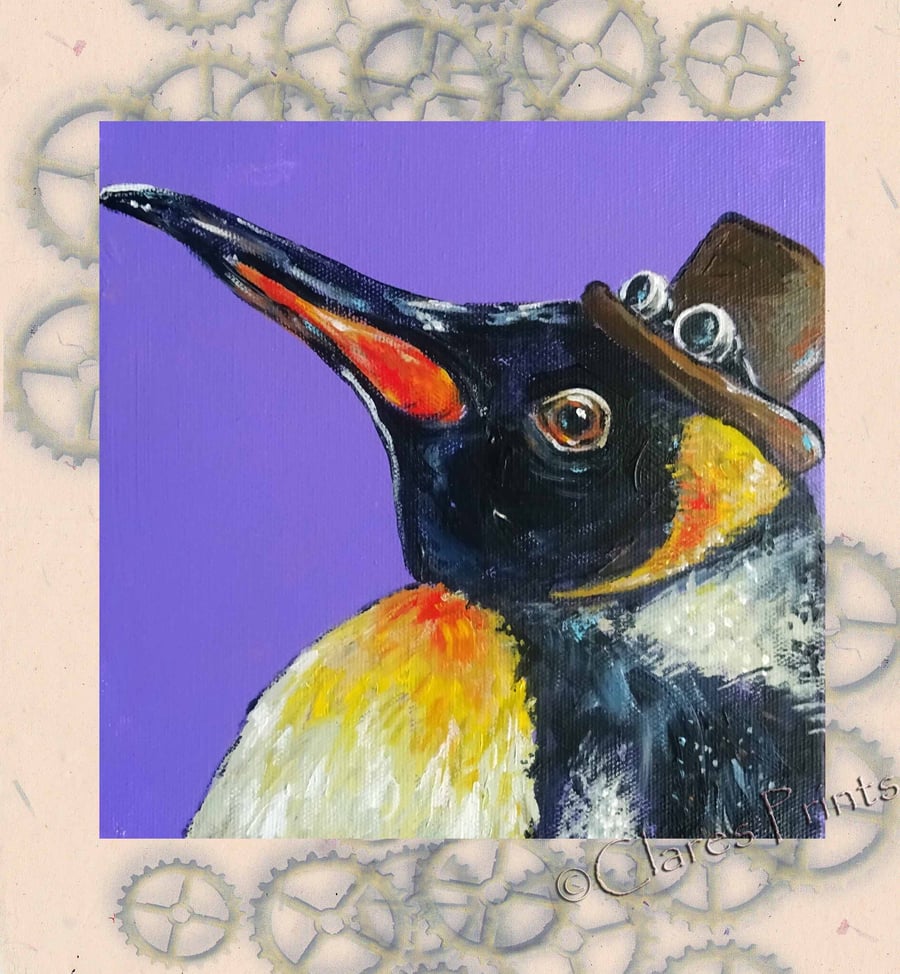 Steampunk Penguin Original Art Acrylic Painting on Canvas Retro 