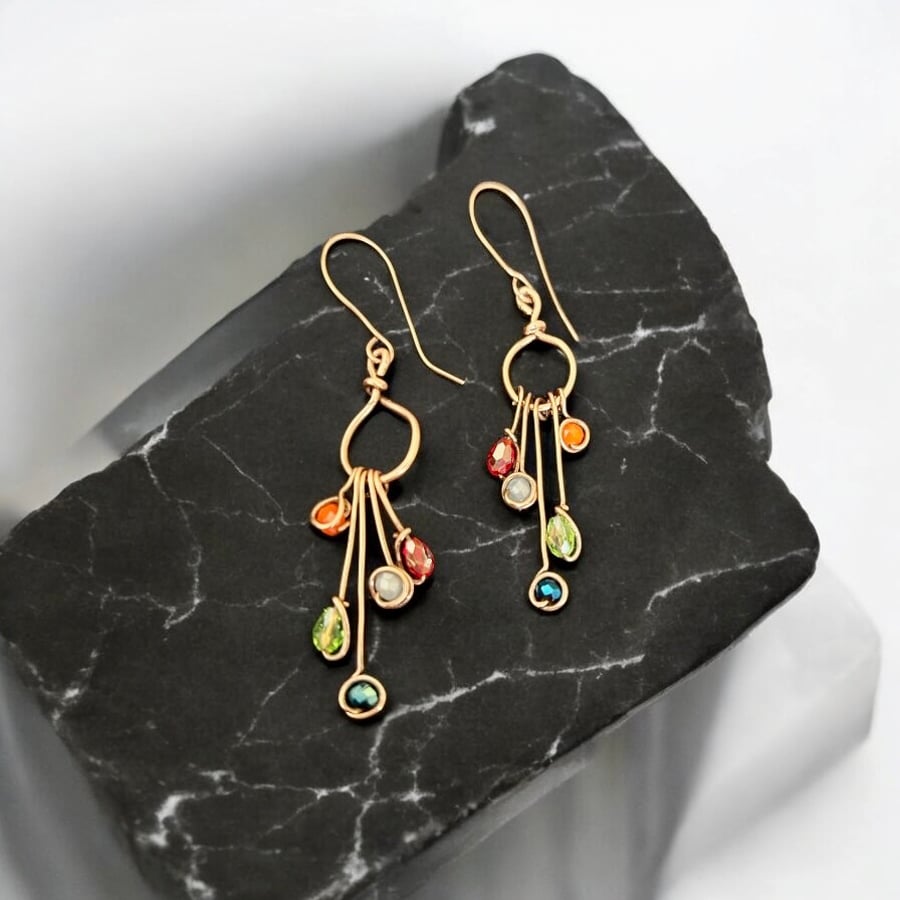 Handmade Oxidised Copper Preciosa Crystal Earrings, Dangle, Vibrant - Gift Boxed