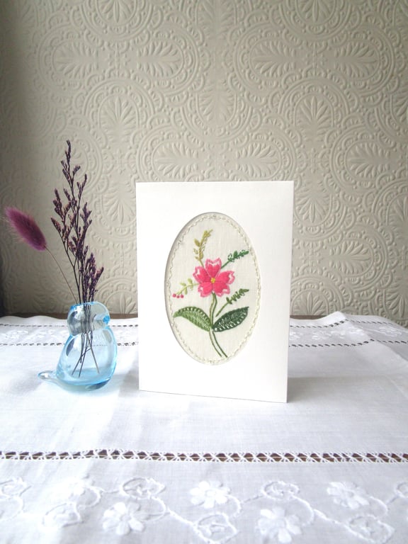 Hand-Embroidered Card – Vintage Style Bright Pink Flower (Beaded Edge)