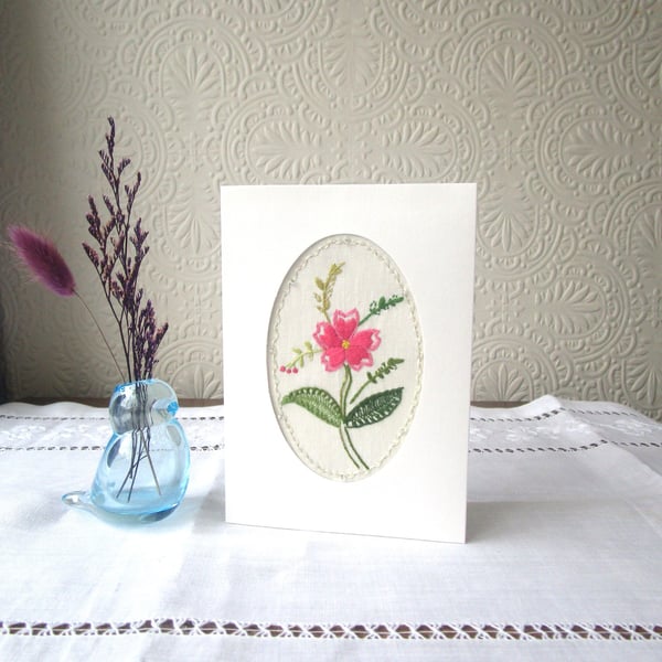 Hand-Embroidered Card – Vintage Style Bright Pink Flower (Beaded Edge)