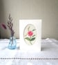 Hand-Embroidered Card – Vintage Style Bright Pink Flower (Beaded Edge)