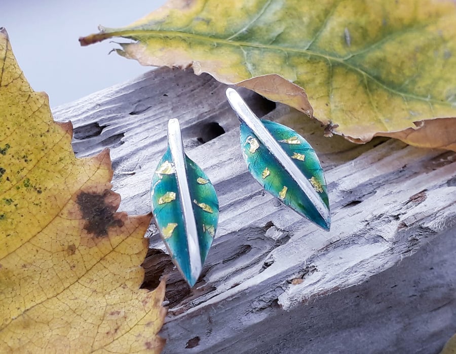 Autumn Leaf Ear Studs with Fine Gold 