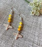 Yellow mix seed bead earrings, with silver-plated bee charm - Image 3