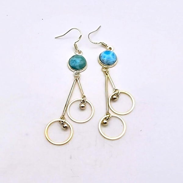 Natural Larimar Gemstone Long Dangle Earrings-Sterling Silver Ear Wires