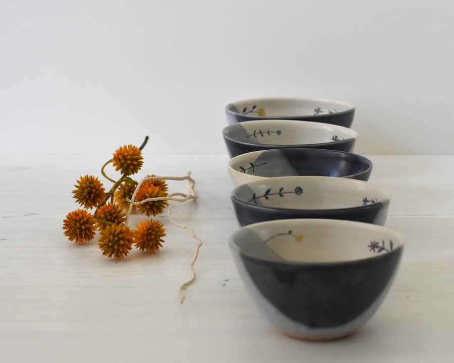 Handmade blue and white ceramic tapas bowl with flowers - illustrated pottery