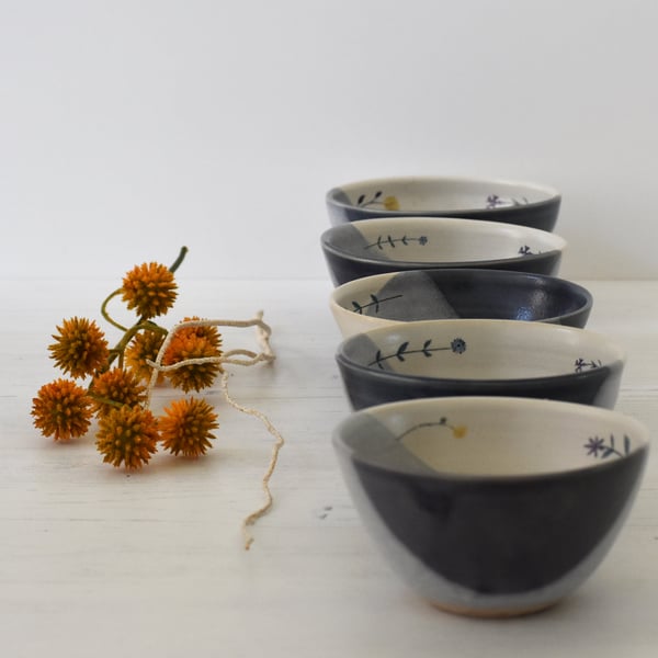 Handmade blue and white ceramic tapas bowl with flowers - illustrated pottery