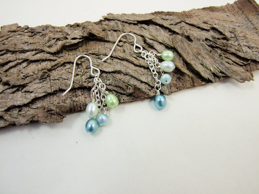 Earrings, Blue and Green Waterfall Pearl and Sterling Silver