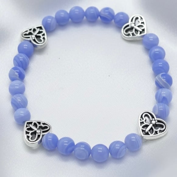 Blue Lace Agate Bracelet With Celtic Heart Butterfly Accents