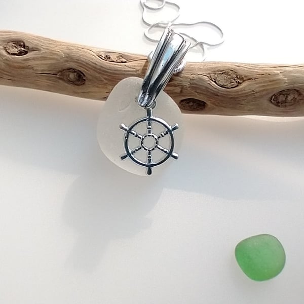 Frosty White Sea Glass Necklace with Silver Ship Wheel Charm