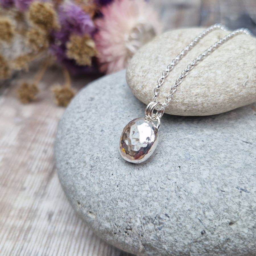 Silver Pebble Necklace, Silver Necklace, Hammered Silver Necklace - PEN043