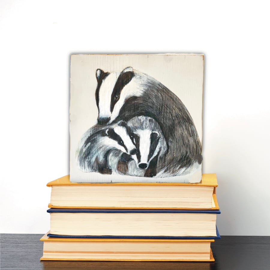 Badgers original art on upcycled wood