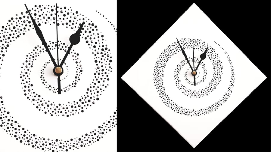 White Hand Painted Diamond Clock, Spiral Design, 28cm