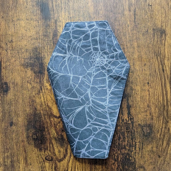 Handmade Spiderweb Coffin Makeup Pouch – Magnetic Closure – Gothic Cosmetic Bag