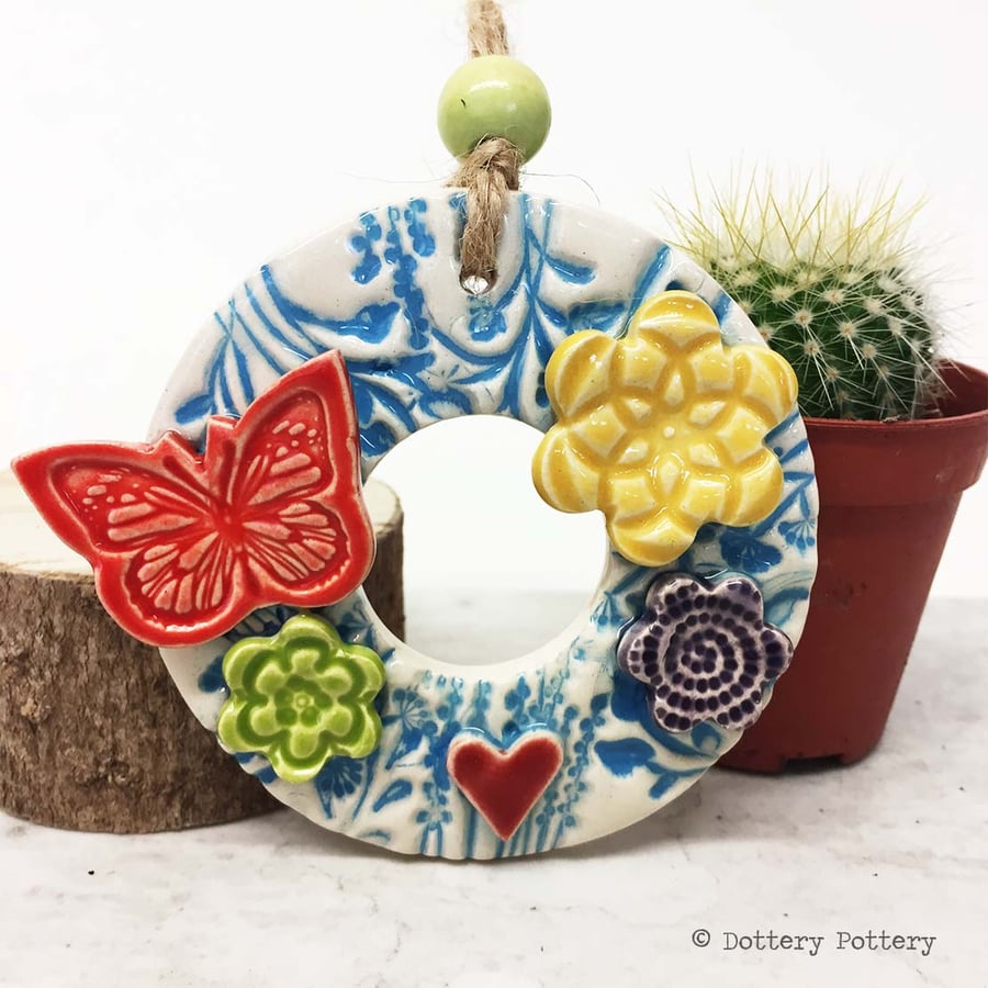 Small ceramic floral wreath decoration butterfly and flowers pottery butterfly