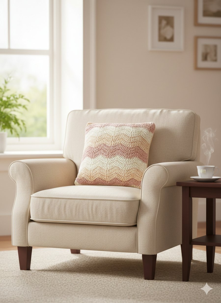 Handmade crochet cushion cover, ripple design, pastel colours 