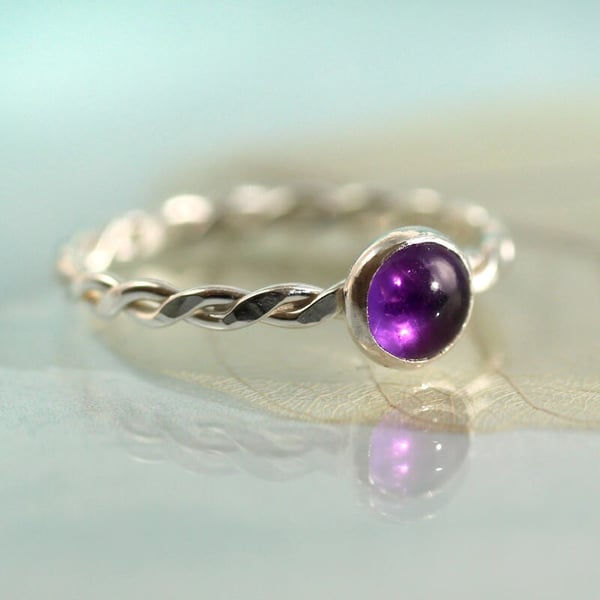 Silver Twist Ring with Amethyst Gemstone - February Birthstone