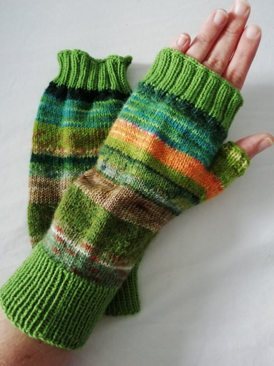 Hand knitted fingerless gloves - MULTICOLOURED Greens 