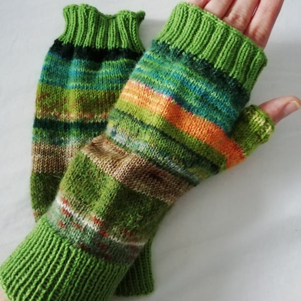 Hand knitted fingerless gloves - MULTICOLOURED Greens 