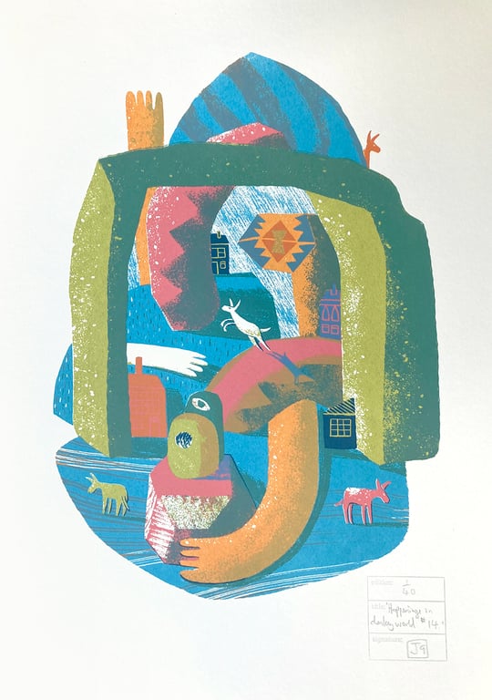 Happenings in Donkey World No.14 A3 six-colour screen-print