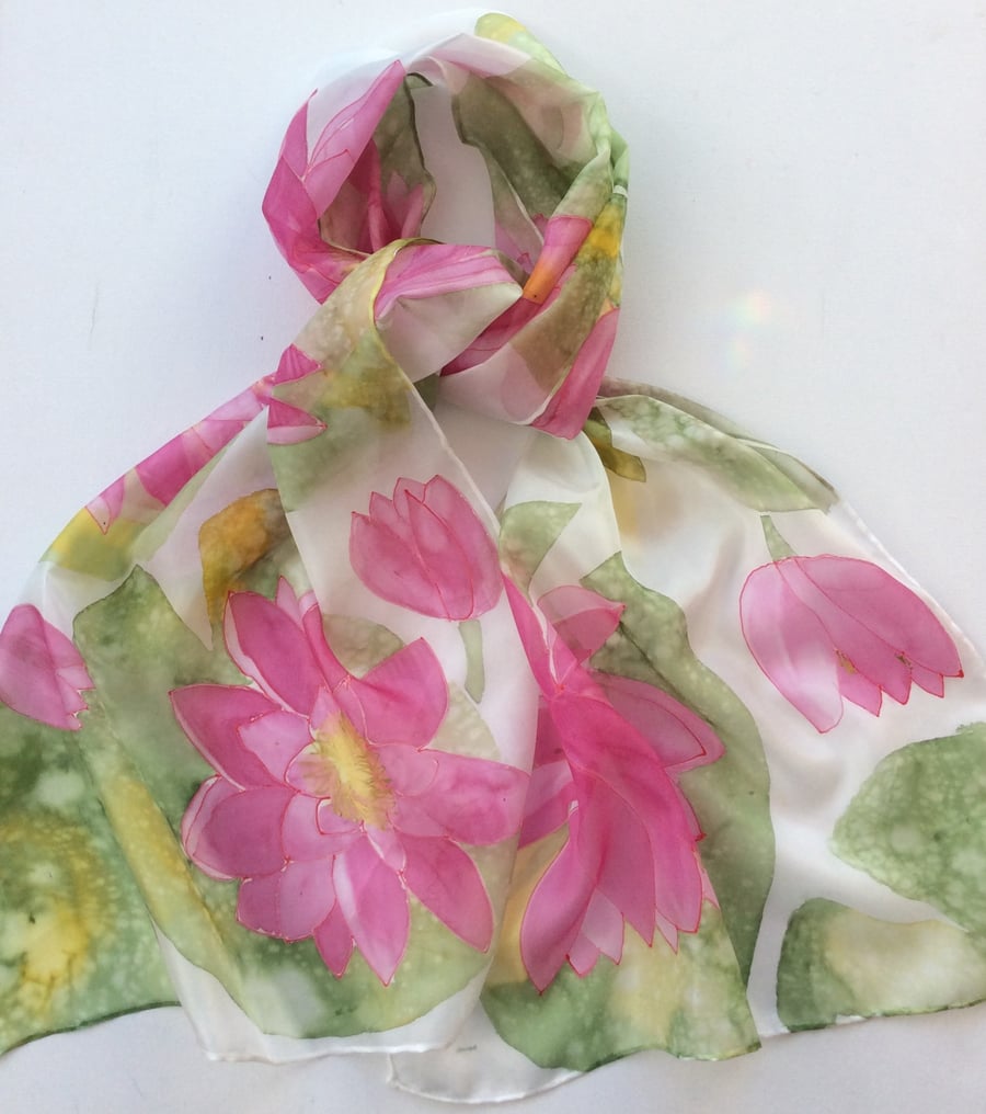 Waterlilies hand painted silk scarf