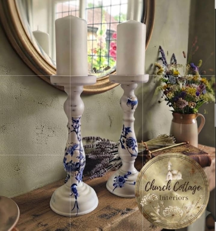 Chinoiserie Shabby Chic Wooden Candlestick Holders (Pair)