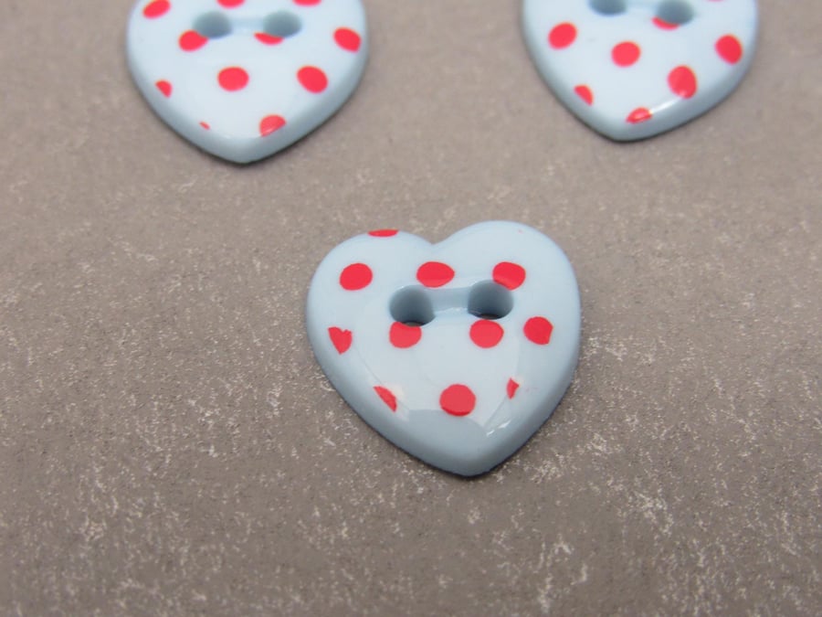 10 Pastel Blue Spotty Heart Buttons