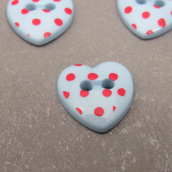 10 Pastel Blue Spotty Heart Buttons