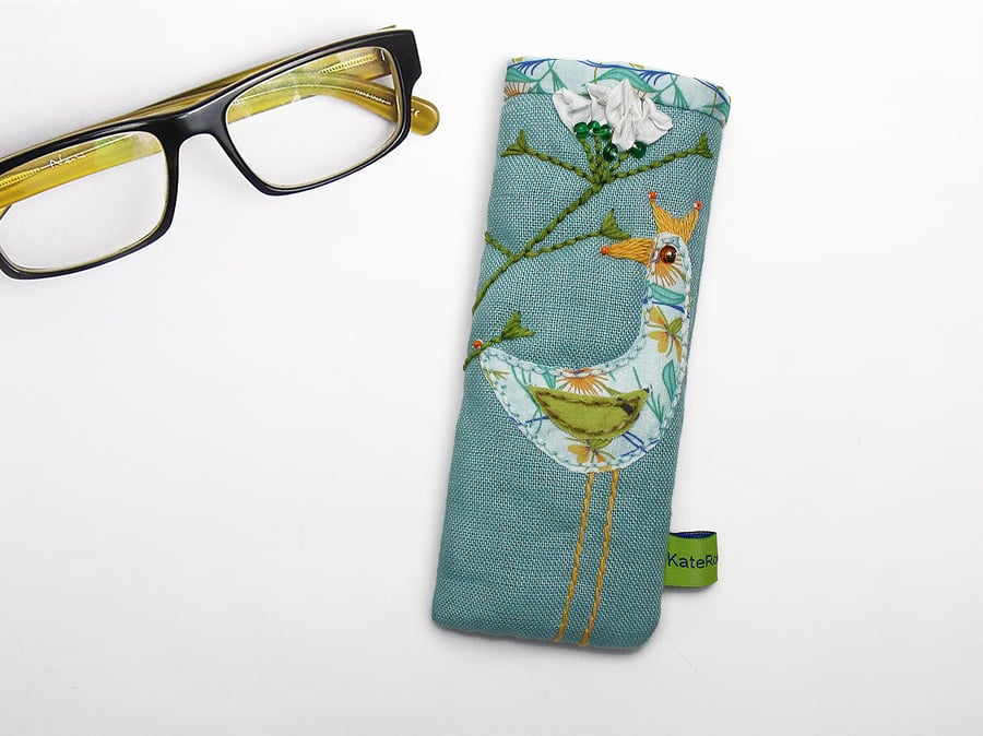 Turquoise linen glasses case with bird and shepherd's purse embroidery