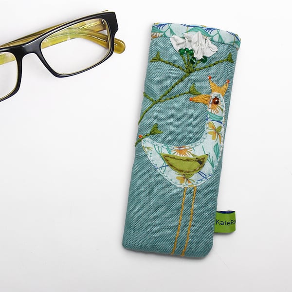 Turquoise linen glasses case with bird and shepherd's purse embroidery