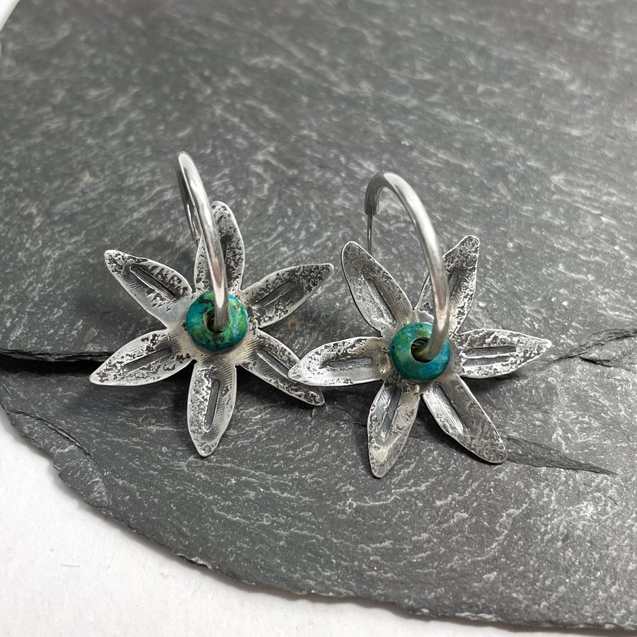Oxidised Sterling silver and blue green chrysocolla stone Flower hoop earrings
