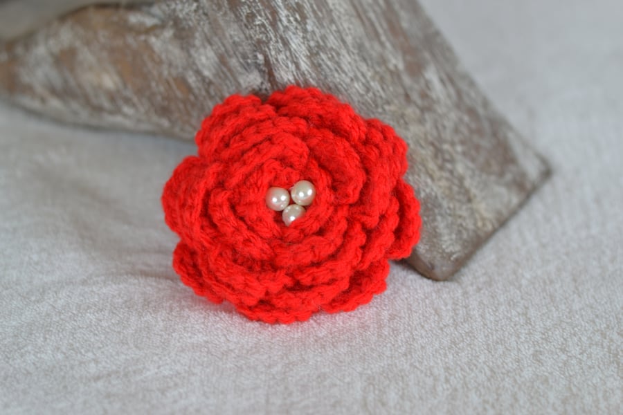 Bright Red Crochet Rose Flower Brooch Corsage