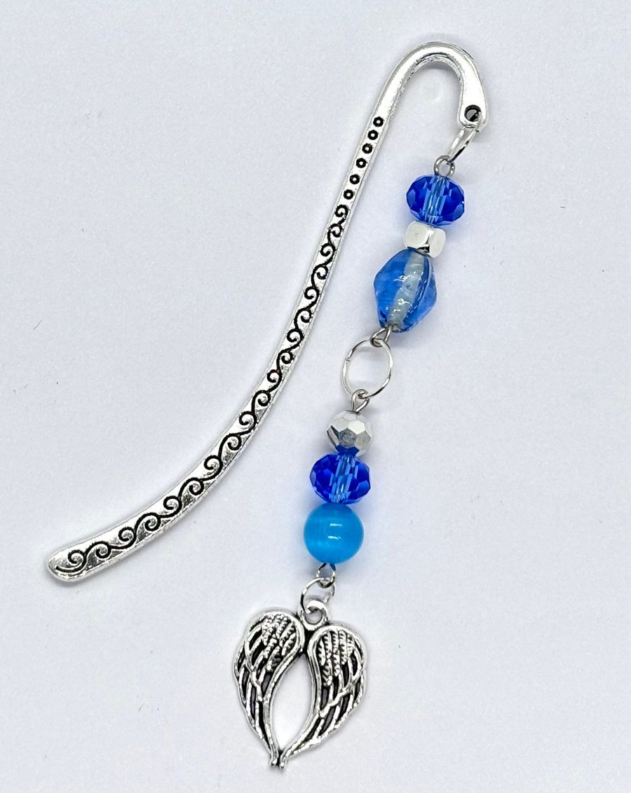 Bookmark with Blue Glass Beads and Guardian Angel Charm 
