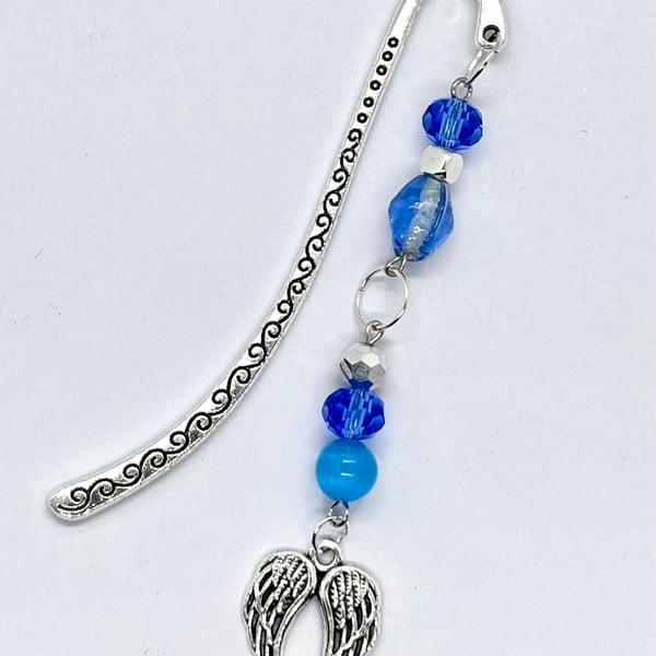 Bookmark with Blue Glass Beads and Guardian Angel Charm 