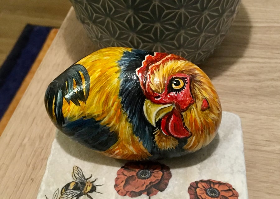 Hand painted  cockerel garden rock art pet stone portrait 