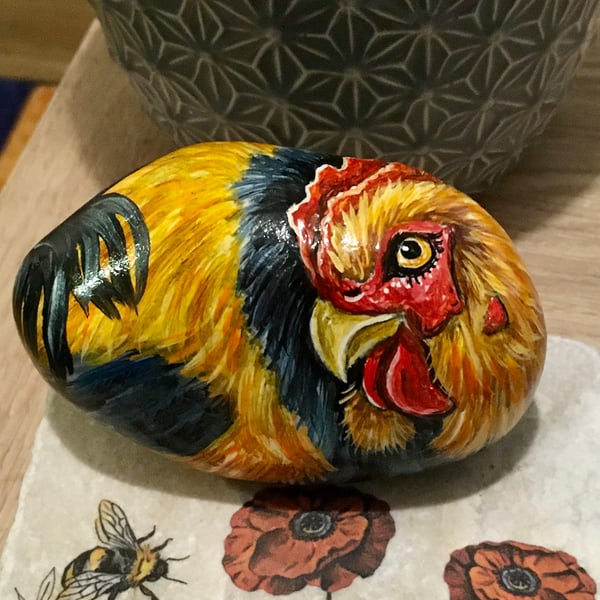 Hand painted  cockerel garden rock art pet stone portrait 