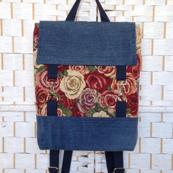 Roses and denim backpack, women's handmade bag, travel bag
