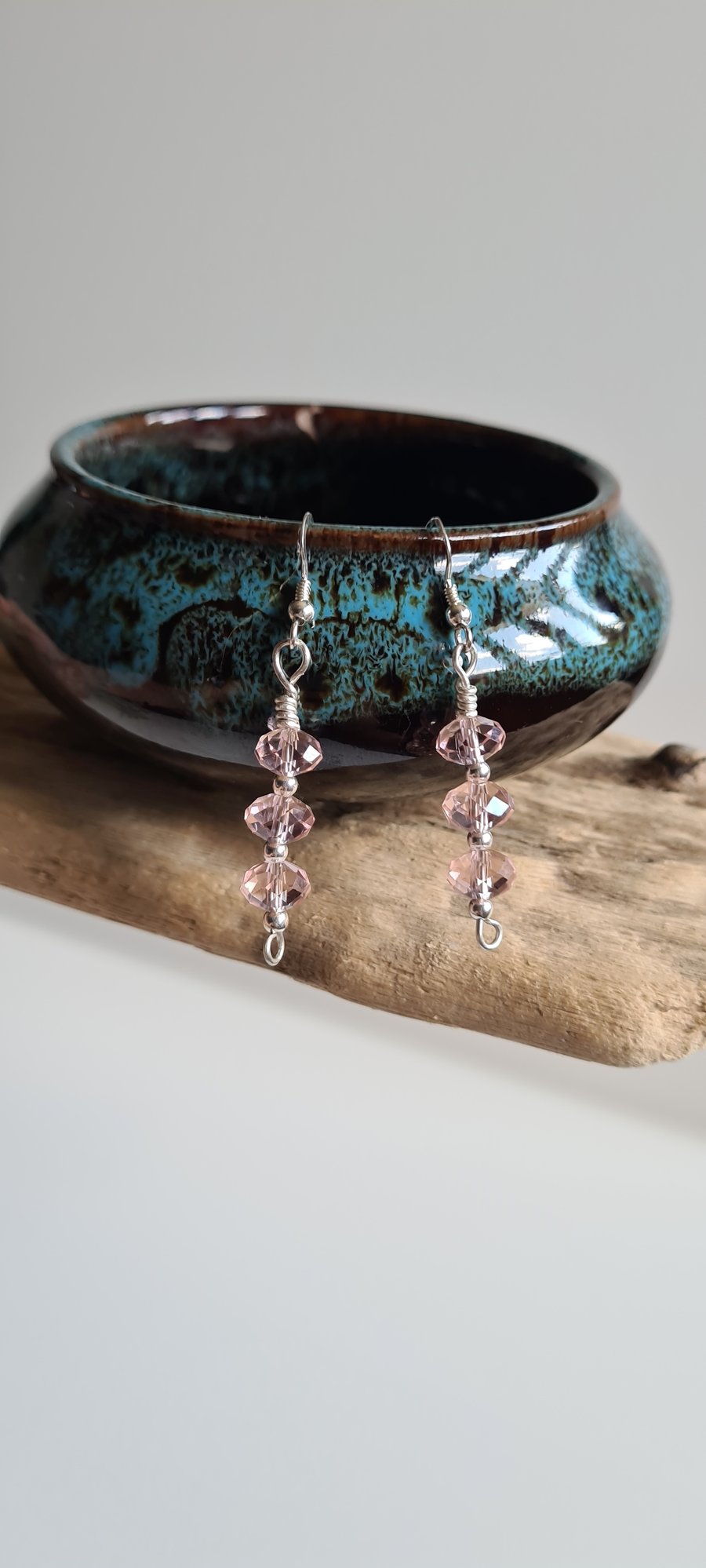 Elegant 925 Silver and Pink Crystal Glass Pendant Drop Dangle Earrings
