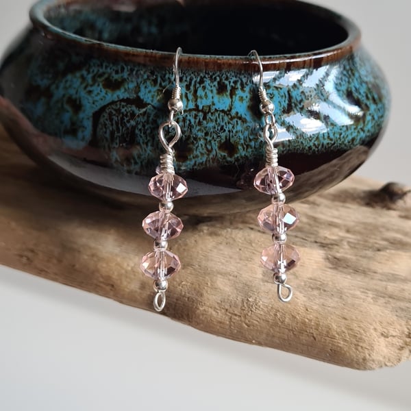 Elegant 925 Silver and Pink Crystal Glass Pendant Drop Dangle Earrings