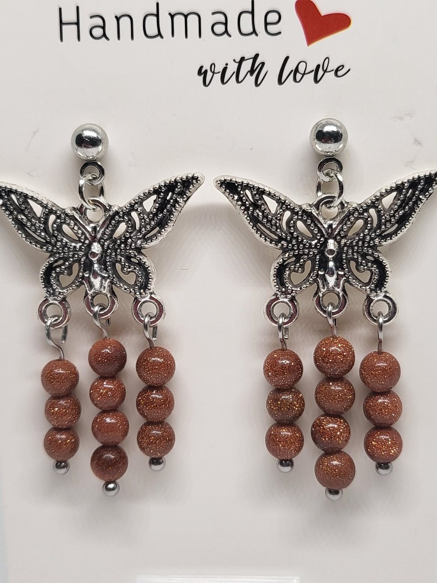 Brown Sandstone Butterfly Earrings Stainless Steel Studs Handmade Jewellery
