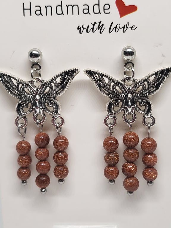 Brown Sandstone Butterfly Earrings Stainless Steel Studs Handmade Jewellery