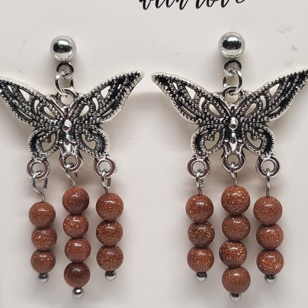 Brown Sandstone Butterfly Earrings Stainless Steel Studs Handmade Jewellery