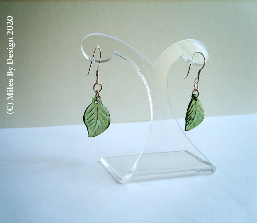 Green Leaf Drop Earrings On Sterling Silver Ear Hooks
